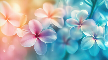 Fototapeta premium A captivating display of plumeria flowers in a blend of pastel shades and dreamy hues, creating a soothing and enchanting aura of natural beauty.