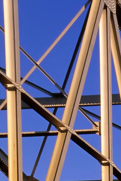 Close-up of the structural beams on a Warren truss bridge, Nisutlin Bay Bridge, Alaska Highway, Yukon, Canada; Teslin, Yukon, Canada