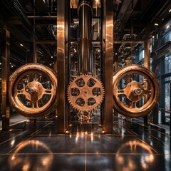 Fototapeta premium Elegant mechanical design with floating gears - industrial art with a metallic mood
