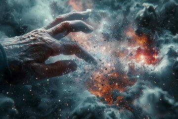 Obraz premium Cosmic Creation: An Elderly Hand Reaches into the Universe