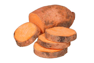 Sweet potatoes cut into slices isolated transparent