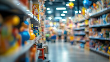 Obraz premium A blurred image of the toy department in a department store, with toys and display shelves softly out of focus, providing a warm and busy shopping environment.