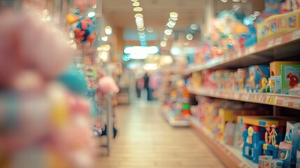 Obraz premium A blurred image of the toy department in a department store, with toys and display shelves softly out of focus, providing a warm and busy shopping environment.