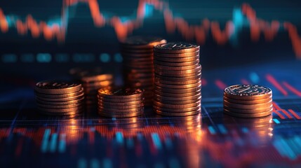 A professional investment concept featuring financial charts, graphs, and growing stacks of coins, symbolizing market growth and financial planning.