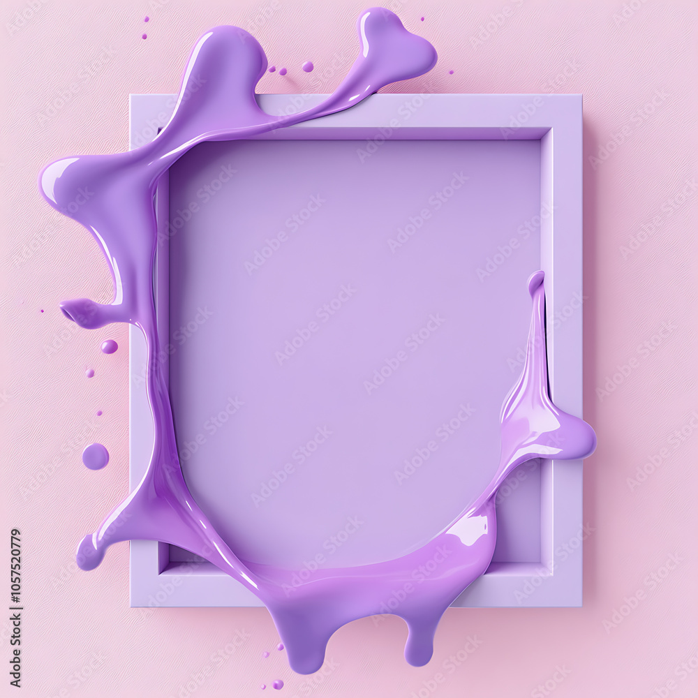 Poster square frame with violet slime on top on a pastel pink background retro futuristic conceptual backgr