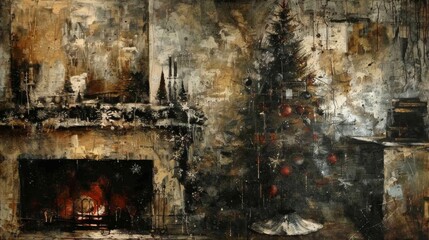 Cozy Christmas atmosphere with a decorated tree by the fireplace in a warm, inviting living room during the holiday season