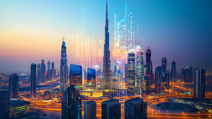Dubai uae business skyline with stock exchange trading chart double exposure with, middle east trading stock market digital concept. Digital Cyberspace. Illustration