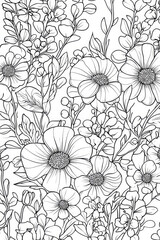 An elegant illustration featuring a variety of flowers and leaves intricately drawn in a seamless pattern, showcasing nature's diversity and simplicity.