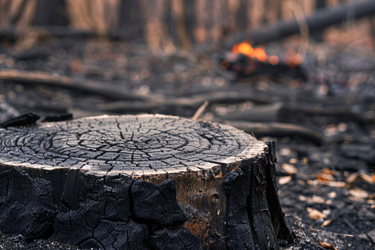 Close up of black burned tree stump in forest