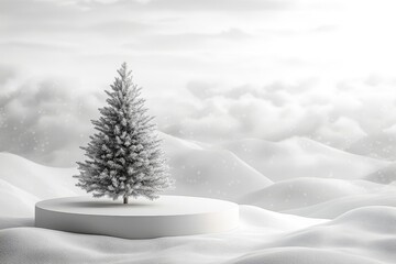 Fototapeta premium Elegant white podium with Christmas tree on a soft cloud background, featuring a round table for product display, creating a minimalist holiday atmosphere.
