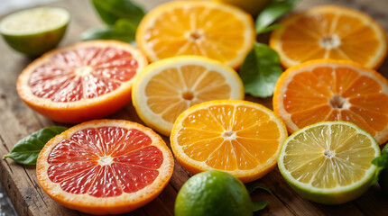 Slices of citrus fruits on a wooden surface