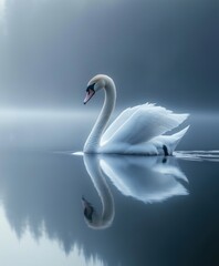 Fototapeta premium Elegant Swan Portrait: Minimalist Monochrome Photo of Swan Gliding on Tranquil Lake, Soft Morning Light Reflections