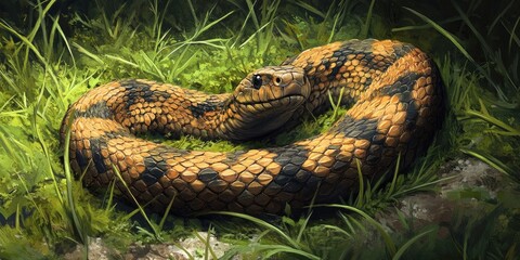 Fototapeta premium A stunning Eastern Hognose Snake is shown resting gracefully in the lush natural grass, showcasing its beauty in a serene outdoor setting.