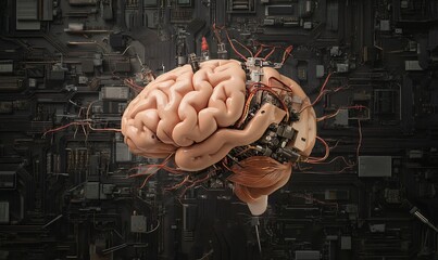 A surreal depiction of a brain integrated with technology and circuitry.