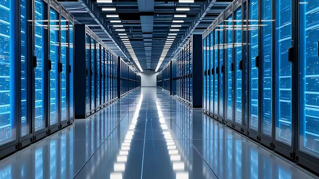 Modern Data Center Server Room with Blue Ambient Lighting

