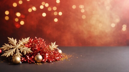 Golden red Christmas decor on red festive background, greeting card, New Year banner.