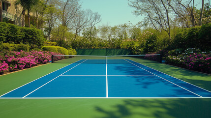 Fototapeta premium Empty Outdoor Hard Tennis Court with Vibrant Blue-Green Surface and Blooming Surroundings