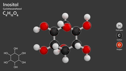 Molecule: Inositol or myo-inositol. Isomer of glucose. Molecular structure. Formula: C6H12O6. Chemical model: Ball and stick. Gray background. 3D illustration.