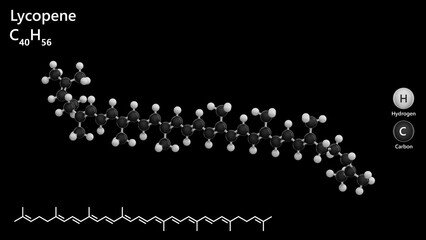 Molecule: Lycopene. Red carotenoid pigment. E160d. Molecular structure. Formula: C40H56. Chemical model: Ball and stick. Black background. 3D illustration.