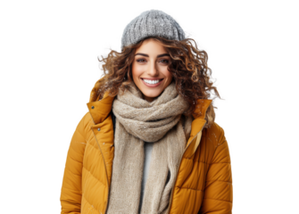 Woman Smiling in Winter Clothing Against a Transparent Background