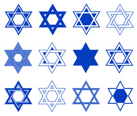 Set of different blue Star of David illustrations isolated on white