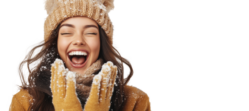 Woman laughing joyfully in winter clothing