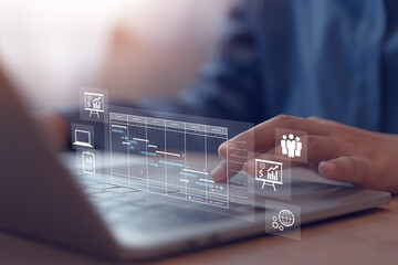 Project management with gantt chart icons, project manager working on computer and gantt planning Follow important events and update work progress. Schedule.