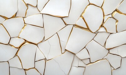 A textured wall featuring cracked white tiles with golden seams.