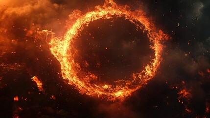 Close-up of intense flames forming a ring of fire, each one twisting and curling in the circular shape against a dark background.