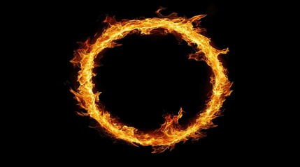 Close-up of intense flames forming a ring of fire, each one twisting and curling in the circular shape against a dark background.