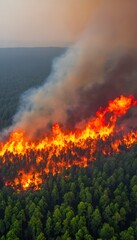 Aerial view of a vast forest on fire