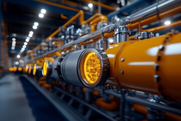 Fototapeta premium 3D digital visualization of machine learning models applied to industrial automation, with a futuristic plant background showcasing high-tech machinery and control, symbolizing detail and efficiency