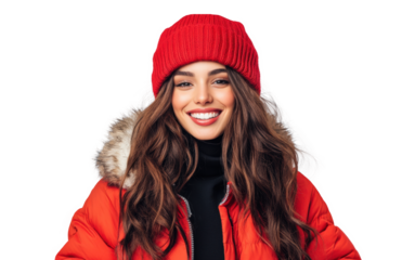 Woman in Red Winter Attire Smiling on Transparent Background