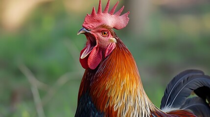 A colorful cockerel, a domestic fowl, struts through a rural farm, its red comb and bright feathers standing out against the greenery