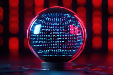 A futuristic glass sphere displays glowing binary code against a backdrop of vibrant red lights, evoking a digital theme.