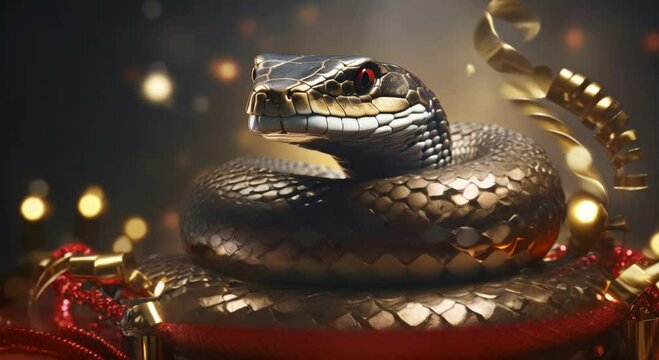 golden snake curls, scaly skin, against bokeh background, on shiny tinsel, empty space for text