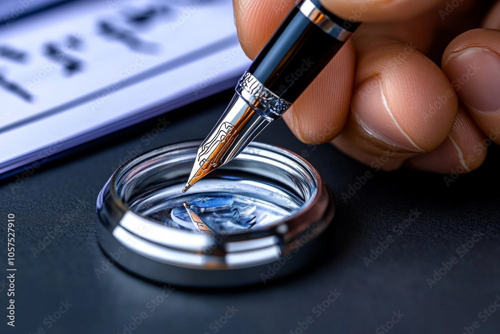 Poster Close-up of a detectiveâ€™s hand with a pen, writing notes in a case file, capturing the diligence and precision of building a case, symbolizing professionalism and detail