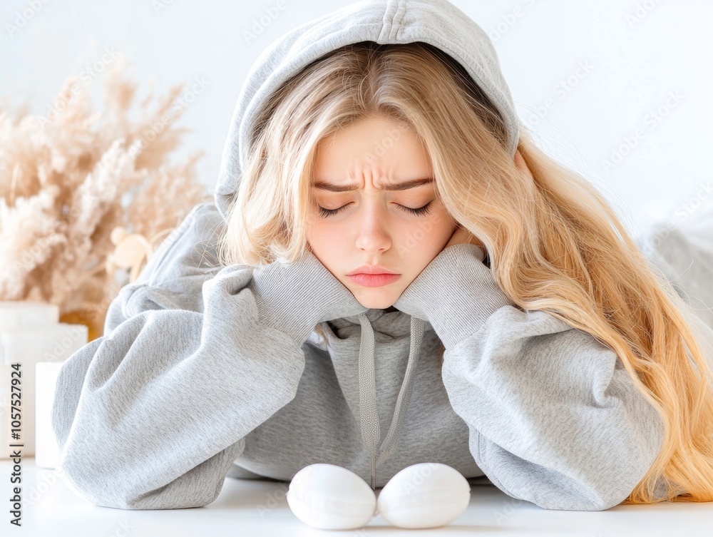 Wall mural a girl in a gray hoodie looks thoughtfully at two white eggs, reflecting a pensive mood against a so