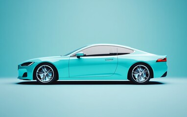 Sleek, modern turquoise sports car against a minimalist backdrop, showcasing its aerodynamic design and stylish features.