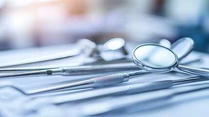 Dental equipment arranged neatly in a bright clinic room, showcasing a modern dental chair and tools ready for use, in a sterile and clean setting.