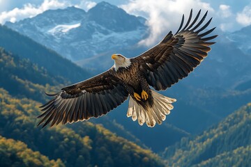 Obraz premium Bald eagle in flight with mountain backdrop.