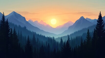 Obraz premium Panoramic view captures the serene beauty of a forest and mountains at sunrise, emphasizing natures tranquility with ample space for text and design elements.