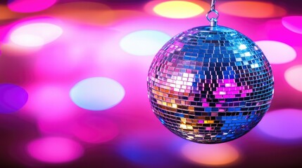 Obraz premium Disco mirror ball suspended from the ceiling, reflecting vivid pink and blue lights, casting sparkles over a moody dance floor