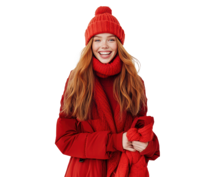 Smiling woman in red winter attire on transparent background