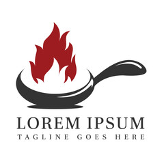 Retro Vintage style logo of frying pan with red fire burning on top suitable for food business, restaurant