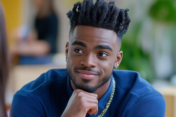 Close-up of someone touching their chin thoughtfully while listening intently to their date, with subtle flirtation in their attentive gaze, symbolizing interest and charm