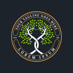 A unique logo featuring two trees with trunks curled into a heart, surrounded by a circle with vintage elements. Suitable for businesses in the health and fitness sector.