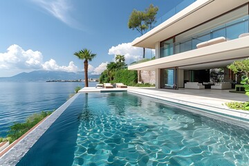 Fototapeta premium Stunning Modern Villa with Infinity Pool Overlooking Serene Waters