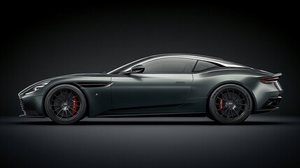 Fototapeta premium Sleek sports car with a modern design, featuring dark paint and distinctive wheels. Captured against a dark backdrop to emphasize its elegance.
