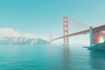 Fototapeta premium The iconic Golden Gate Bridge stands majestically over the serene waters, surrounded by hills under a clear blue sky.